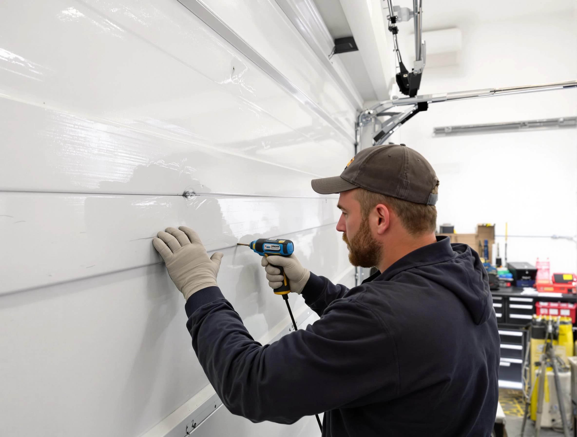 Columbine Garage Door Repair technician demonstrating precision dent removal techniques on a Columbine garage door